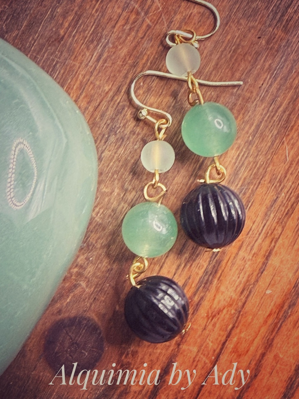 Aventurine Gold-Tone Earrings with Green and Black Beads